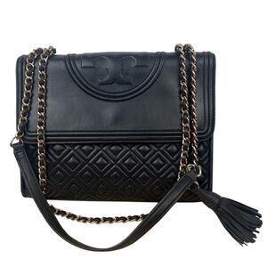 Tory Burch Fleming Large Convertible Shoulder Bag Purse Black Quilted Leather